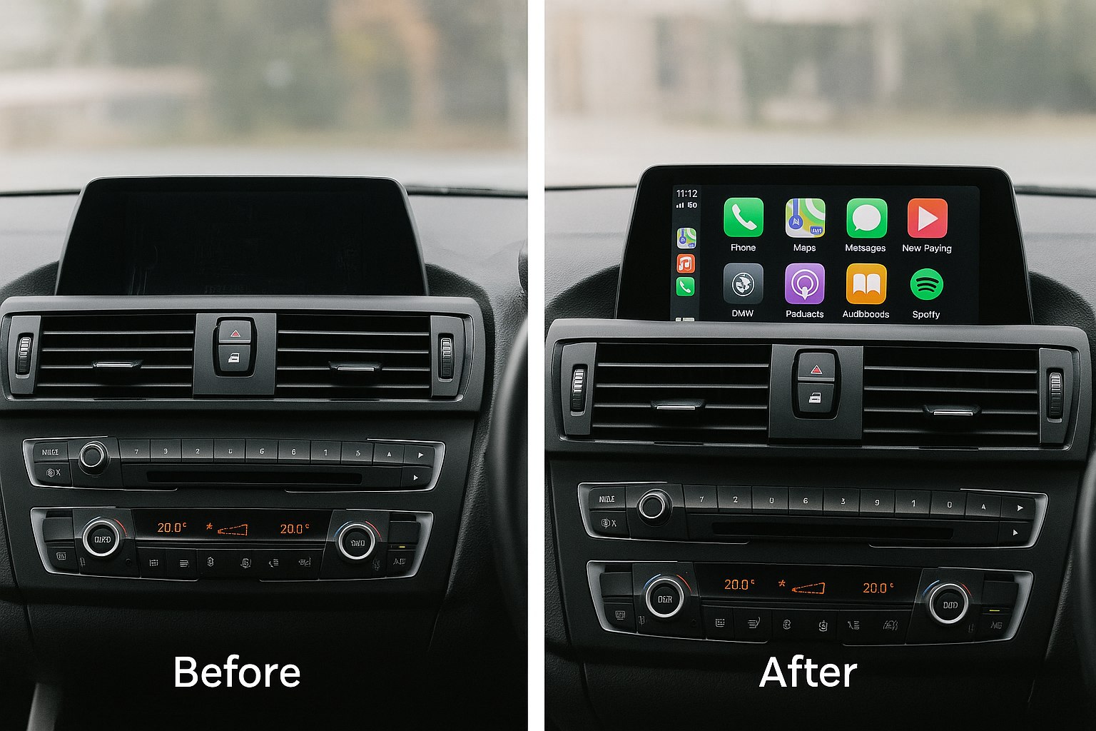 Car infotainment system before and after CarPlay retrofit